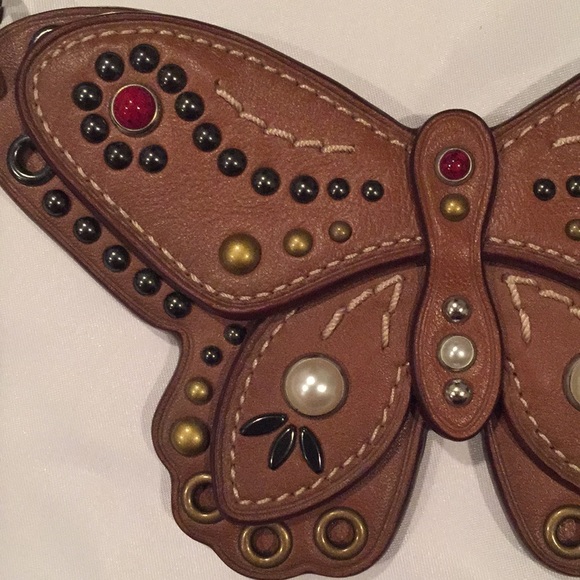 ✨NEW✨COACH Large Studded Leather Butterfly Bag Charm - Brown Saddle/Silver - Picture 4 of 14
